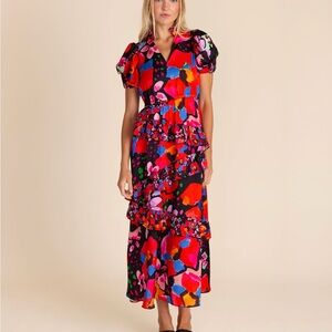 ALDEN ADAIR Large Erin Dress Night Floral Black Abstract Ruffles Art To Wear